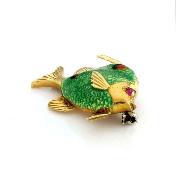 Vintage Ruby 18kYellow Gold Enamel Fish Brooch Pin - Picture 2 of 3